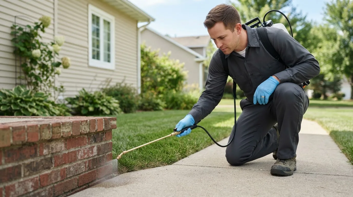Pest control technician treating a home near Columbia City, IN