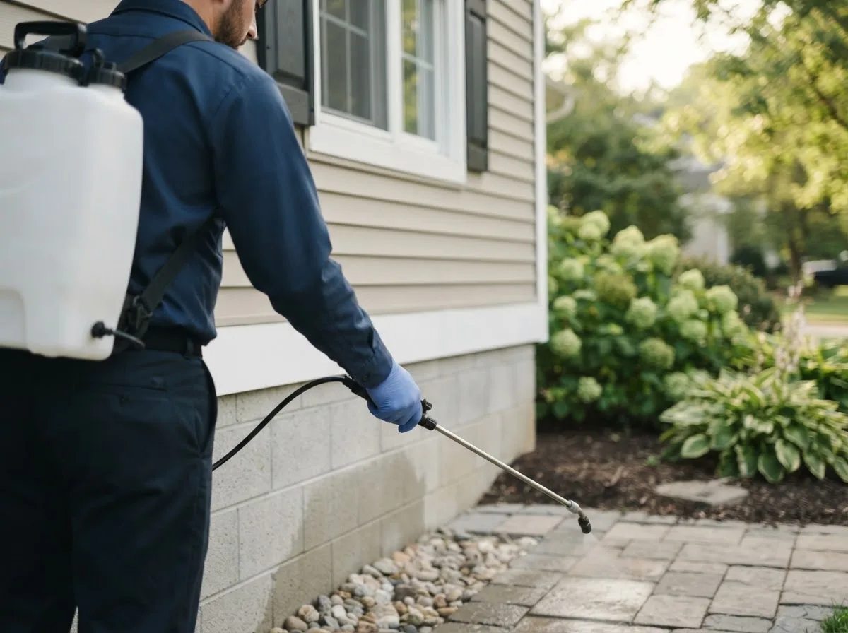 Pest control technician inspecting a home in Columbia City, IN